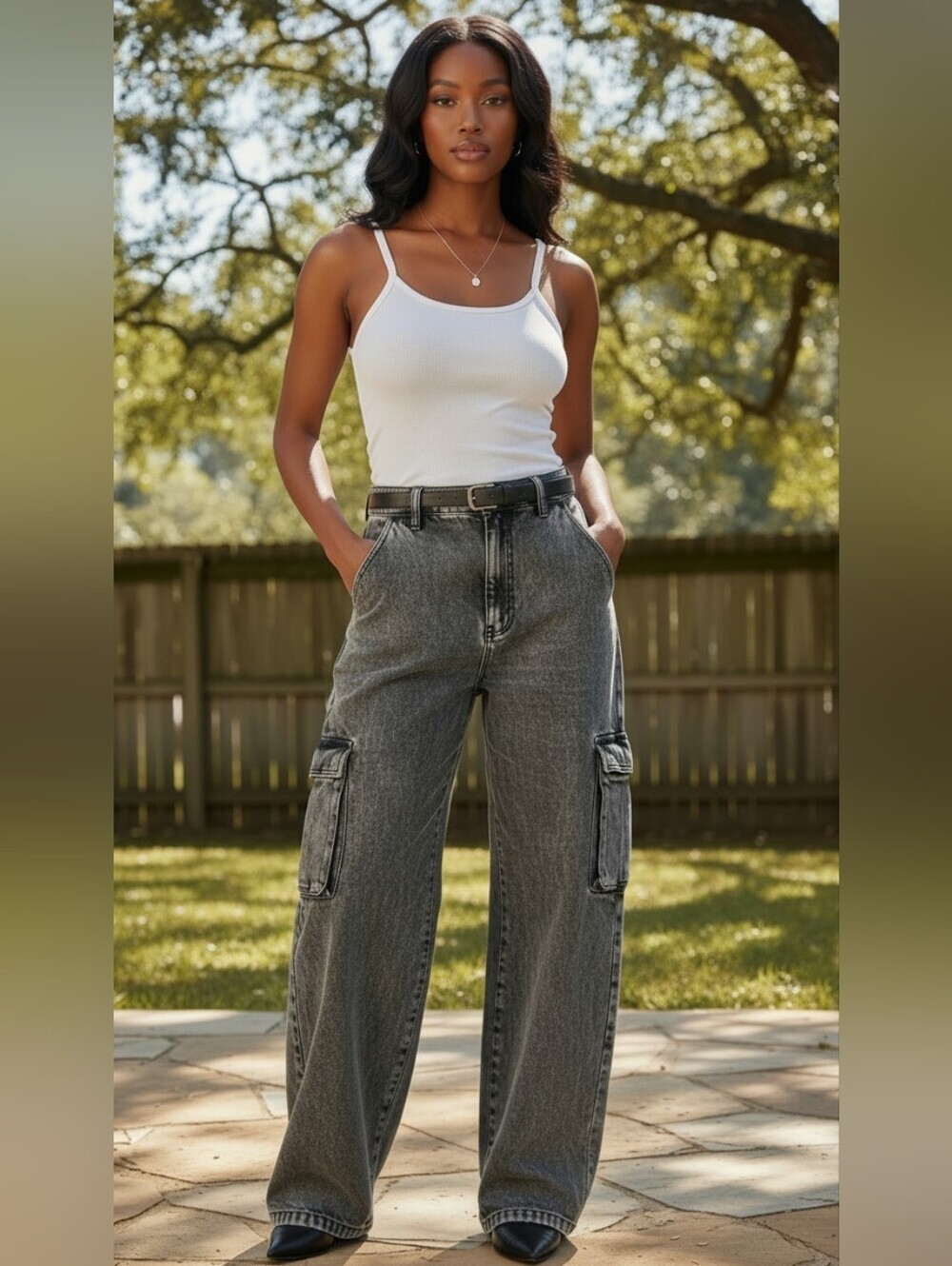 "Boohoo Gray Acid Wash Cargo Wide Leg Jeans High Rise Side Pockets Y2K Size 12"